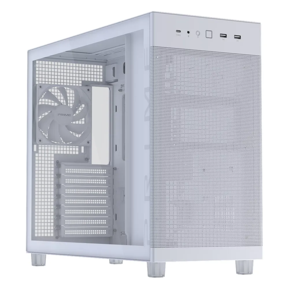 ASUS Prime AP303 Tempered Glass ATX Mid-Tower Case, Compact 44L Design, Structural GPU Bracket for RTX 50 Series, Supports up to 360mm Radiators & 360mm GPUs, 20Gbps USB Type-C, White, 1 Year Warranty