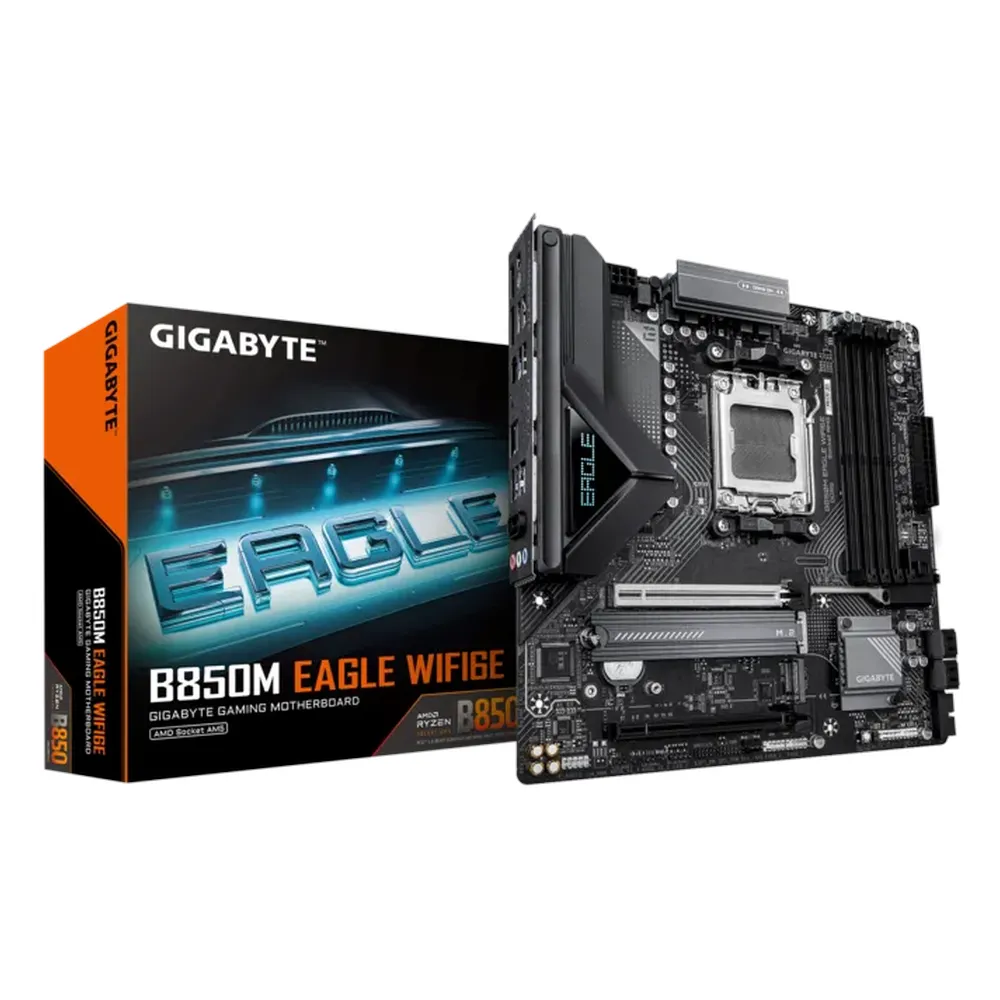 Gigabyte B850M EAGLE WIFI6E Motherboard, Socket AM5, mATX Form Factor, DDR5 Ram, PCIe 5.0, Wi-Fi 6E, Bluetooth v5.3, HDMI, Dual DisplayPort, Realtek 2.5Gb Ethernet, USB 3.2 Gen 2 Type-C, 1 Year Warranty