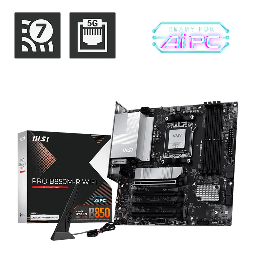 MSI PRO B850M-P WIFI Motherboard, Socket AM5, mATX Form Factor, DDR5 Ram, PCIe 5.0, Wi-Fi 7, Bluetooth v5.4, HDMI, DisplayPort, Realtek 5Gb Ethernet, 1 Year Warranty