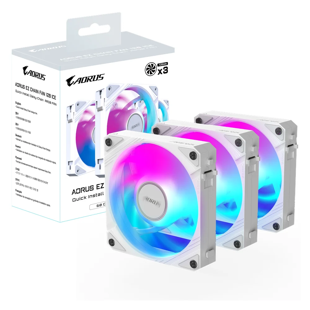 Gigabyte AORUS EZ Chain 120 ICE ARGB PWM PC Case Fans, 3-Pack, 60 CFM Airflow, 2000 RPM, White, 1 Year Warranty