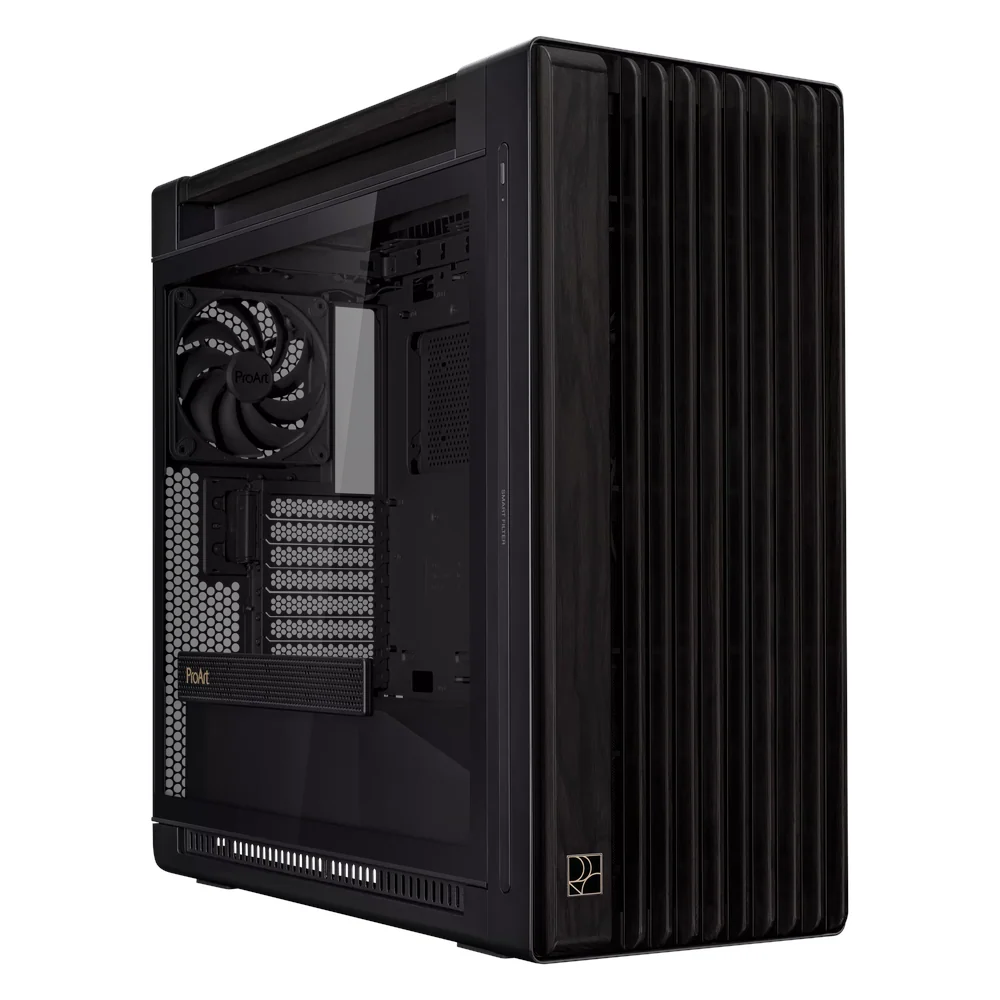 Asus ProArt PA602 Mid-Tower ATX Case, Tempered Glass Side Window, Walnut Wood Accents, Full-Size GPU Support, USB 3.2 Gen 2x2, Black, 1 Year Warranty