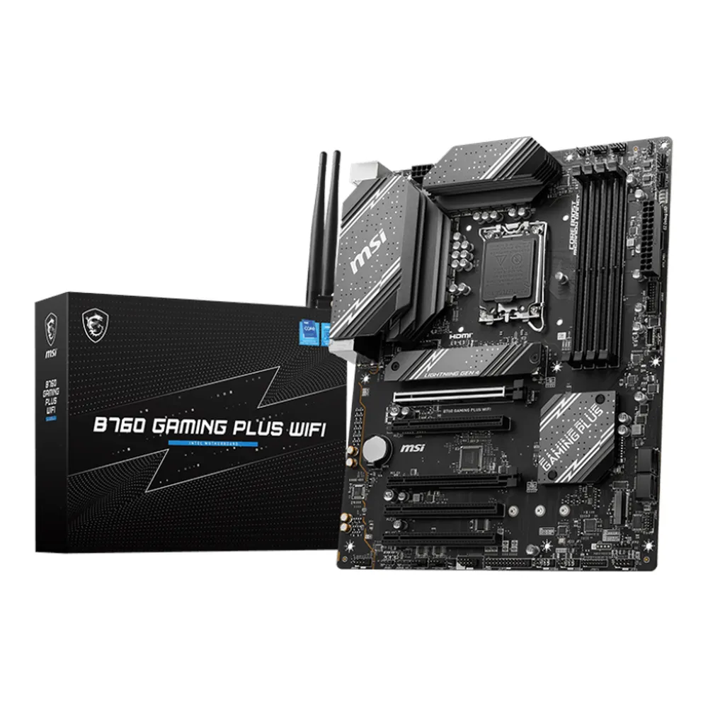 MSI B760 Gaming Plus WIFI Motherboard, LGA1700 Socket, ATX Form Factor, DDR5 Ram, PCIe 5.0, USB 10Gbps, HDMI, DP, Wi-Fi 6E, Bluetooth, Realtek 2.5Gb Ethernet, M.2 Shield Frozr, Heavy Plated VRM Heatsink, 1 Year Warranty