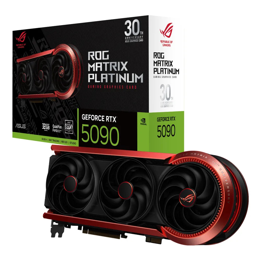 Asus ROG Matrix Platinum GeForce RTX 5090 Graphics Card, GDDR7 32GB 512-bit Memory, HDMI 2.1b & DP 2.1b Outputs, PCI Express 5.0, 2760 MHz OC Core Clock, 28 Gbps Memory Clock, Liquid Cooled 360mm AIO System, 3352 AI TOPS, 1 Year Warranty