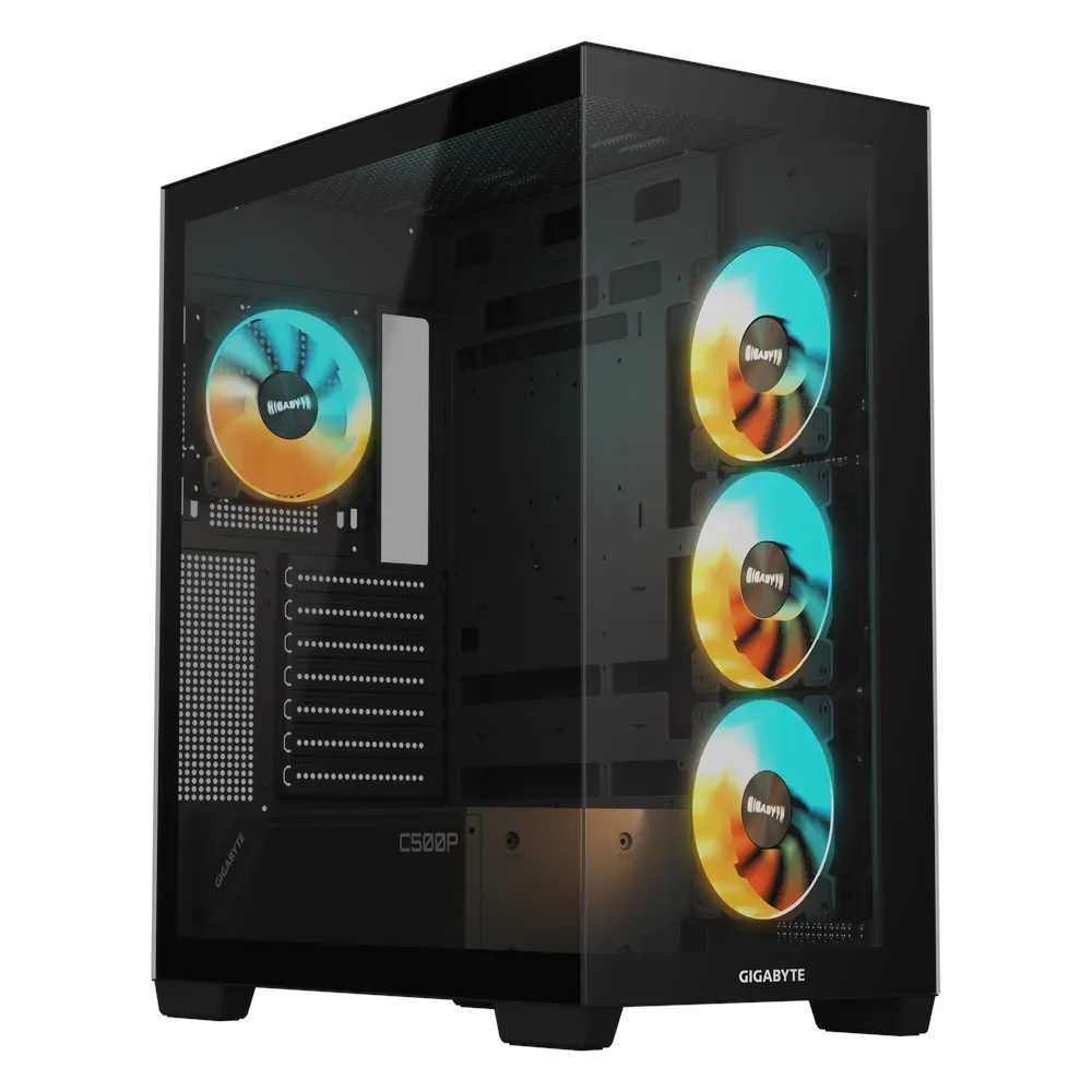 Gigabyte Panoramic Stealth C500P ATX Mid Tower PC Casing, Tempered Glass Side & Front Panels, 4 x Pre-installed ARGB Fans, Removable Dust Filters, 410mm GPU Support, USB 3.2 Gen 2, Black, 1 Year Warranty