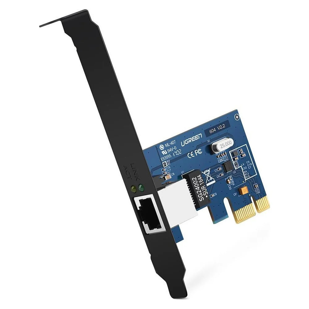 Ugreen Gigabit PCIe Network Adapter, RJ45 Port, PCIe 1.1 x1 Interface, Wake-on-LAN (WoL), Jumbo Frames, VLAN Tagging, Black, 1 Year Warranty