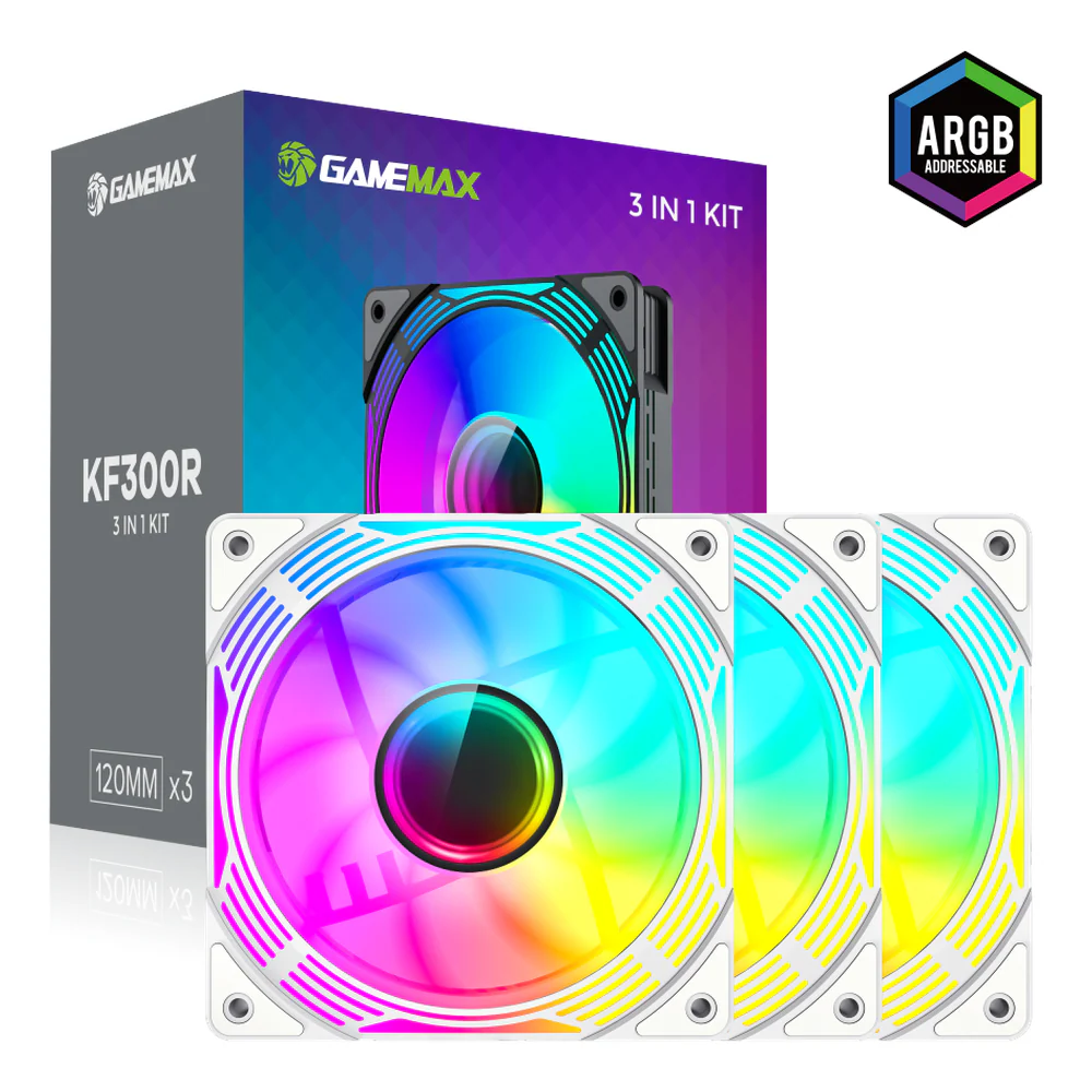 GameMax KF300R-WH ARGB Case Fans with ARGB Hub, Pack Of 3, 120mm Fan Size, 1600 RPM Fan Speed, Reverse Blade Design, 44.35 CFM Airflow, White, 1 Year Warranty