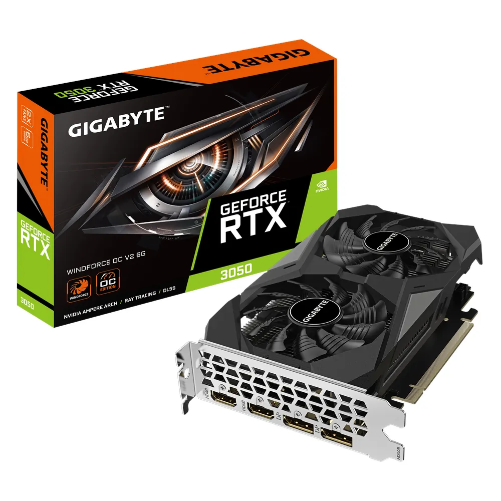 Gigabyte WINDFORCE OC V2 GeForce RTX 3050 Graphics Card, GDDR6 6GB 96-bit Memory, HDMI 2.1a & DP 1.4a Outputs, PCI Express 4.0, 1477 MHz Core Clock, 14000 Mhz Memory Clock, Dual Fan Windforce Cooling System, 1 Year Warranty