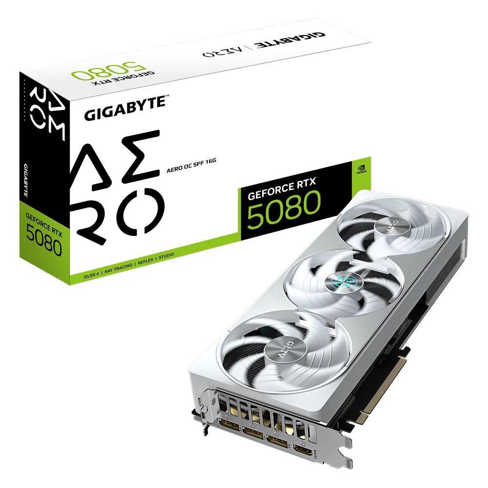 Gigabyte AERO OC GeForce RTX 5080 Small Form Factor Graphics Card, GDDR7 16GB 256-bit Memory, HDMI 2.1b & DP 2.1b Outputs, PCI Express 5.0, 2730 MHz Core Clock, 30 Gbps Memory Clock, Triple Windforce Hawk Fans, Dual BIOS, White, 1 Year Warranty