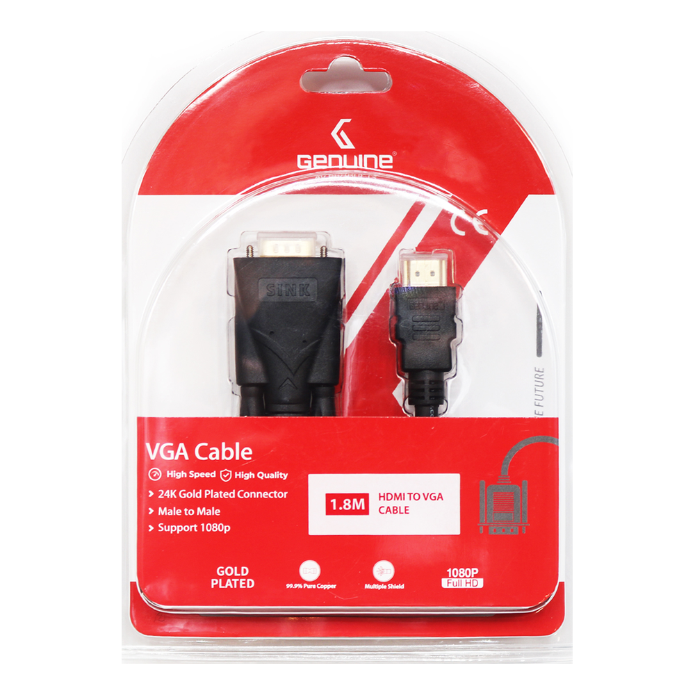 Genuine HDMI To VGA Cable, Supports 1080p, Cable Length 1.8M, 1 Year Warranty