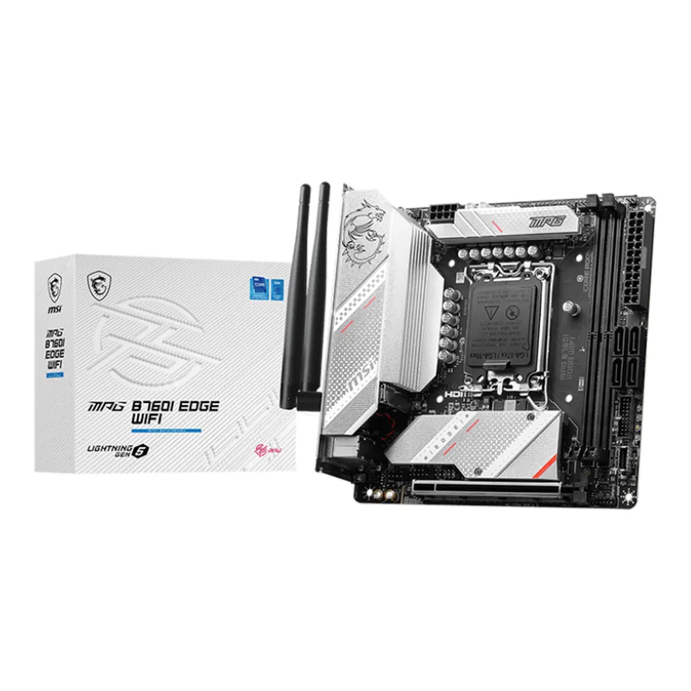 MSI MPG B760I EDGE WIFI Gaming Motherboard, LGA1700 Socket, Mini-ITX Form Factor, DDR5 Ram, PCIe 5.0, USB 10Gbps, HDMI, DP, Wi-Fi 6E, Bluetooth, Realtek 2.5Gb Ethernet, M.2 Shield Frozr, Extended Heatsink Design, 1 Year Warranty