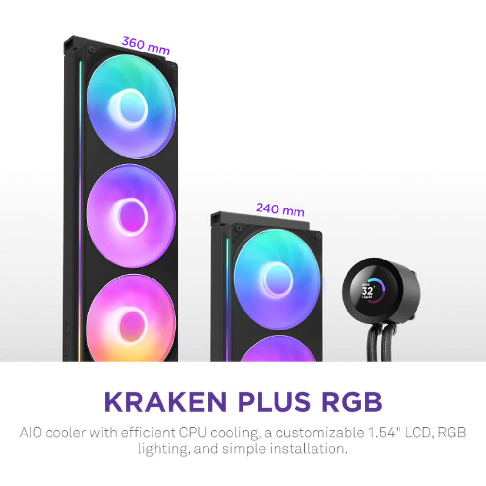 NZXT Kraken Plus 360 RGB AIO Liquid Cooler, 1.54" TFT LCD Display, Supports Intel, AMD Sockets, F360 RGB Fan Core, Black, 1 Year Warranty