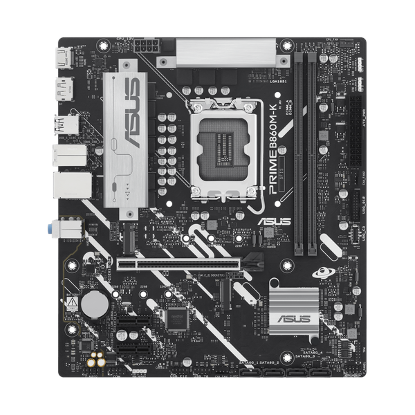 Asus PRIME B860M-K Motherboard, LGA 1851 Socket, micro-ATX Form Factor, DDR5 Ram, PCIe 4.0 With SafeSlot Core+, USB 10 GBps, HDMI, DisplayPort, Realtek 2.5 GB Ethernet With Asus LANGuard, Aura Sync, 1 Year Warranty