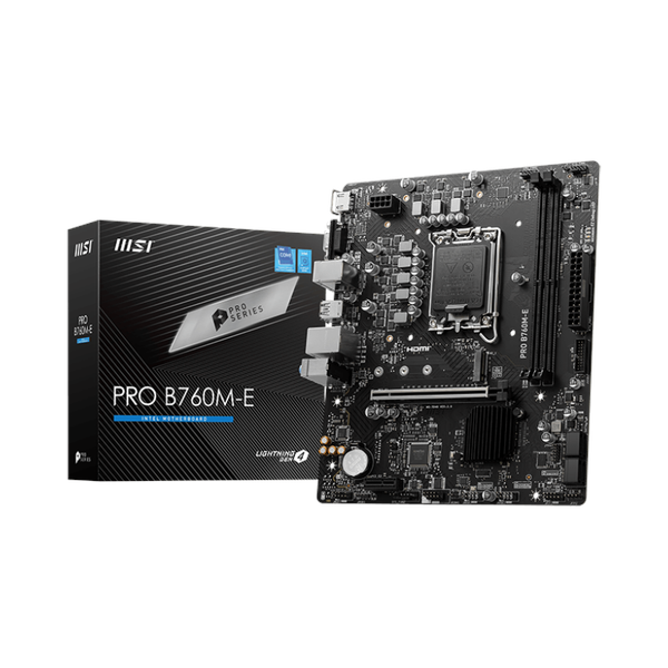 Msi PRO B760M-E Motherboard, LGA 1700 Socket, mATX Form Factor, DDR5 Ram, PCIe 4.0, USB 5 GBps, HDMI 1.4, VGA, Realtek RTL8111H Gigabit LAN, PCI-E Steel Armor, 1 Year Warranty