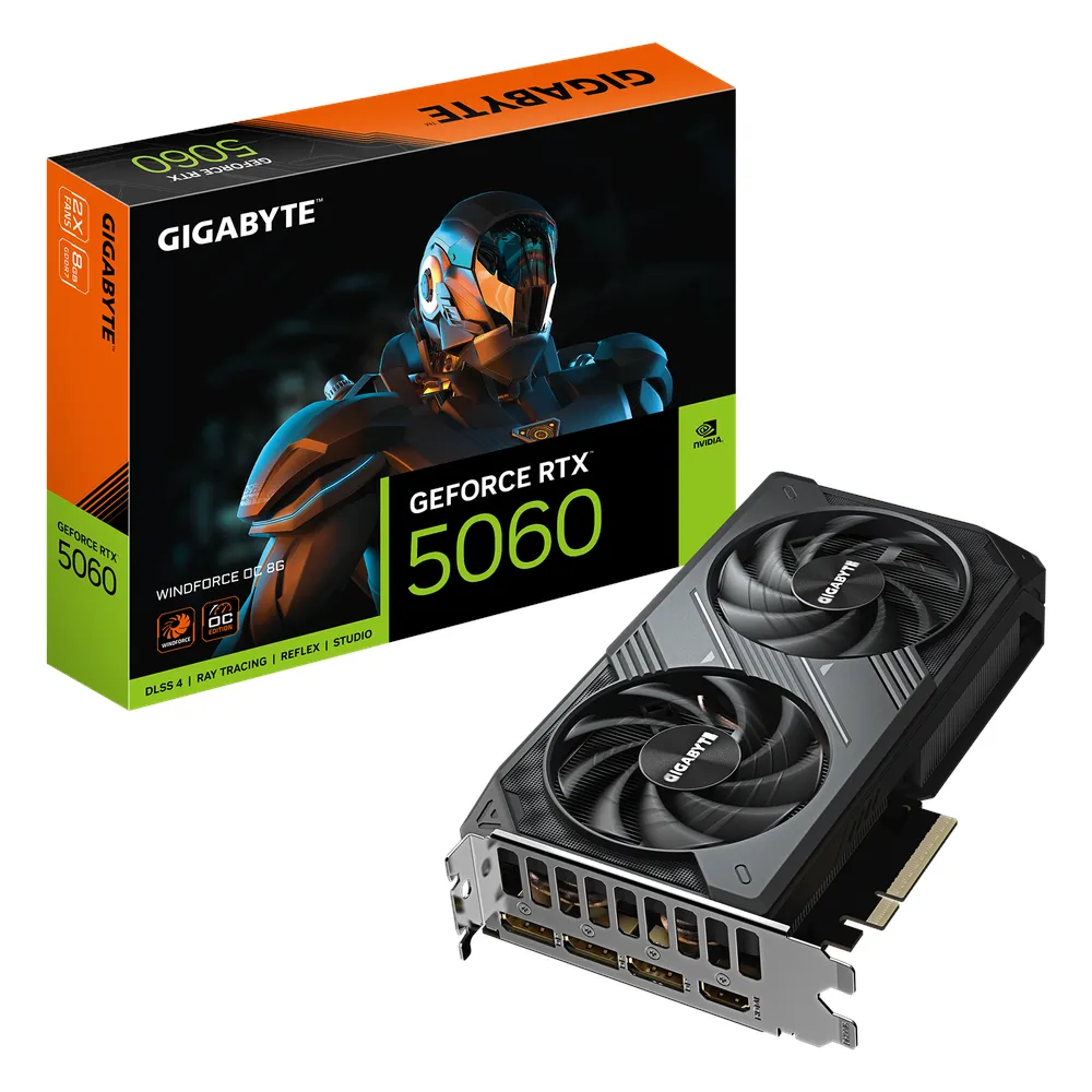 Gigabyte WINDFORCE OC GeForce RTX 5060 Graphics Card, GDDR7 8GB 128-bit Memory, HDMI 2.1b & DP 2.1b Outputs, PCI Express 5.0, 2512 MHz Core Clock, 28 Gbps Memory Clock, 1 Year Warranty