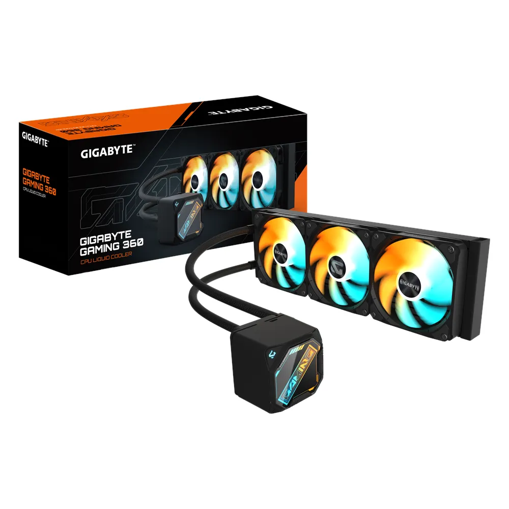 Gigabyte Gaming 360 AIO Liquid Cooler, 360 mm Radiator, ARGB Magnetic Pump Cap, Replaceable Light Panel, Copper Block, Supports Intel, AMD Sockets, 3 x 120mm ARGB Fans, Black, 1 Year Warranty