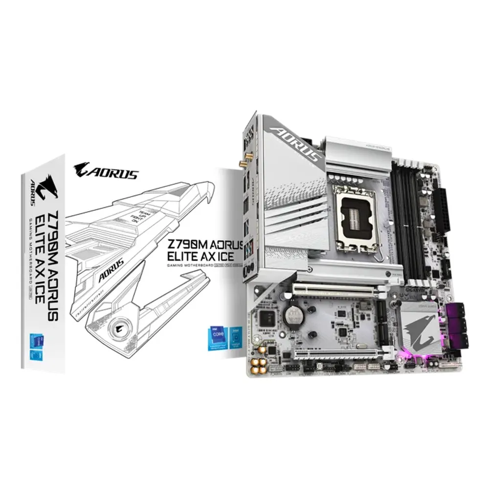 Gigabyte Z790M AORUS ELITE AX ICE Gaming Motherboard, LGA1700 Socket, mATX Form Factor, DDR5 Ram, PCIe 5.0, Wi-Fi 6E, Bluetooth v5.3, HDMI, DisplayPort, Realtek 2.5Gb Ethernet, White, 1 Year Warranty