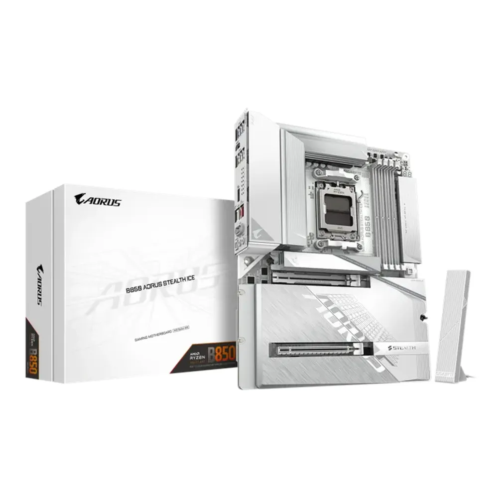 Gigabyte B850 AORUS STEALTH ICE Motherboard, Socket AM5, ATX Form Factor, DDR5 Ram, PCIe 5.0, Wi-Fi 7, Bluetooth v5.4, HDMI, Realtek 5Gb Ethernet, USB 3.2 Gen 2x2 Type-C, 1 Year Warranty