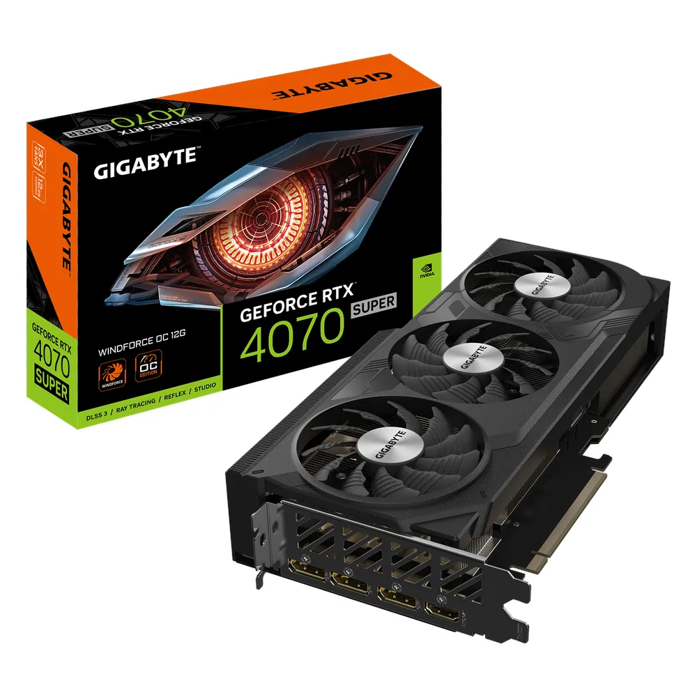 Gigabyte WINDFORCE OC GeForce RTX 4070 Super Graphics Card, GDDR6X 12GB 192-bit Memory, HDMI 2.1a & DP 1.4a Outputs, PCI Express 4.0, 2505 MHz Core Clock, 21 Gbps Memory Clock, Triple Fan Windforce Cooling System, 1 Year Warranty