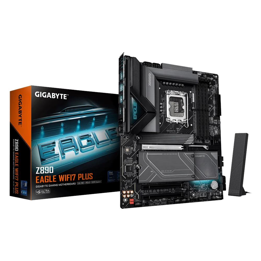 Gigabyte Z890 EAGLE WIFI7 PLUS ATX Motherboard, Intel LGA1851 Socket, Intel Z890 Chipset, DDR5, PCIe 5.0, 4 M.2 Slots, Realtek 2.5GbE Ethernet, Wi-Fi 7 & Bluetooth 5.4, 1 Year Warranty