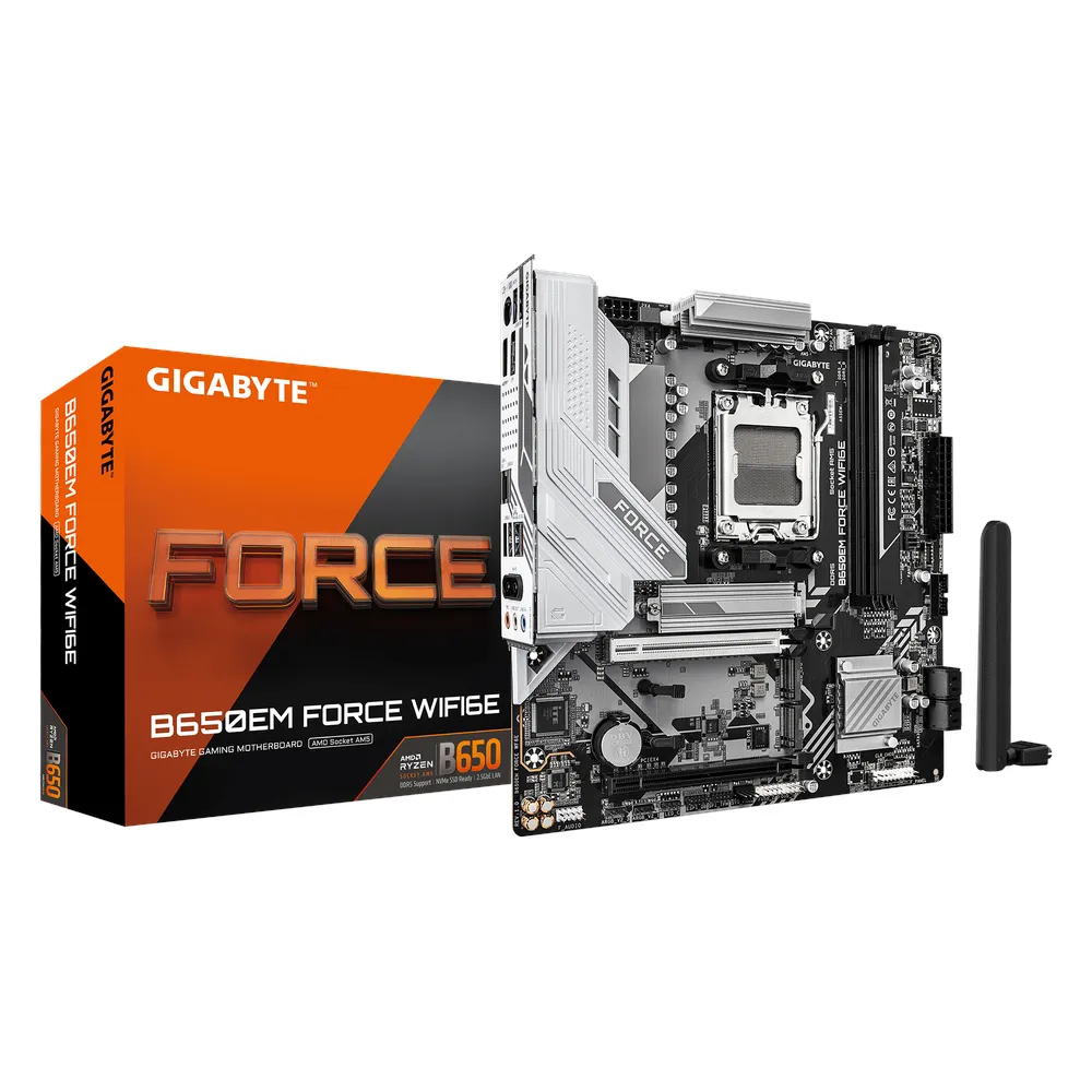 Gigabyte B650EM FORCE WIFI Motherboard, Socket AM5, ATX Form Factor, DDR5 Ram, PCIe 5.0, Wi-Fi 6E, Bluetooth v5.3, HDMI, DisplayPort, Realtek 2.5Gb Ethernet, 1 Year Warranty