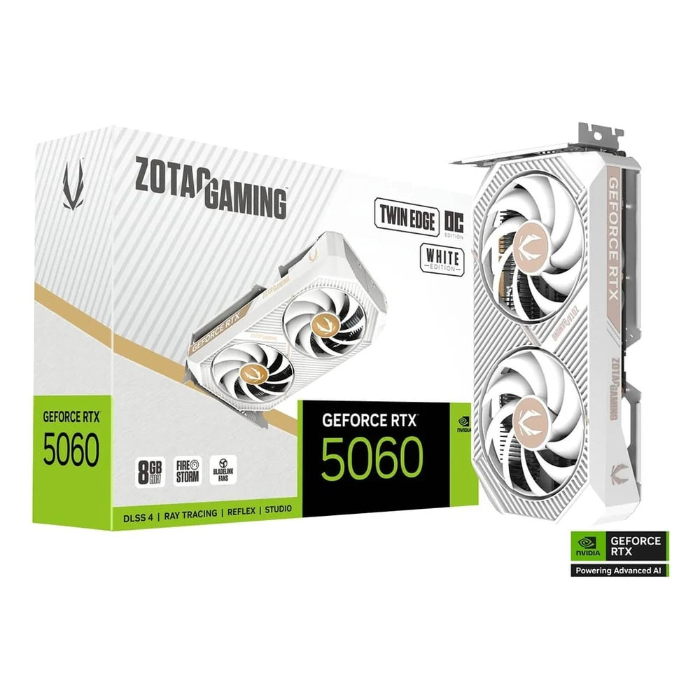 Zotac Twin Edge GeForce RTX 5060 OC Graphics Card, GDDR7 8GB 128-bit Memory, DisplayPort, HDMI Outputs, PCI Express 5.0, IceStorm Cooling System, White , 1 Year Warranty