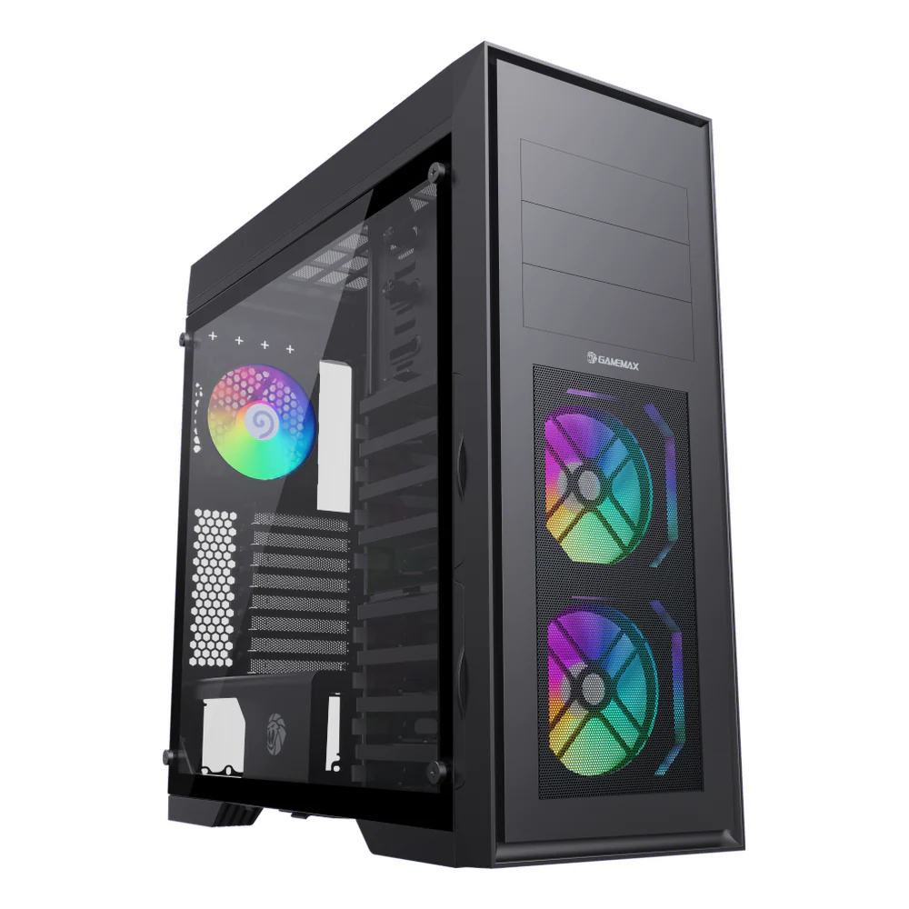 GameMax Master 2 E-ATX Full Tower PC Casing, 8 x HDD Bays, Tempered Glass Side & Mesh Panels, 4 x Pre-installed ARGB Fans, 420mm GPU Support, USB Type-C, Black, 1 Year Warranty