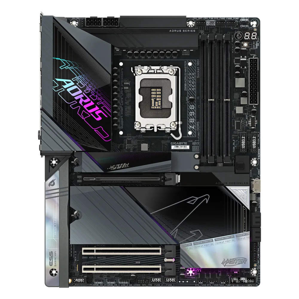 Gigabyte Z890 AORUS MASTER Motherboard, LGA1851 Socket, ATX Form Factor, DDR5 Ram, PCIe 5.0, Wi-Fi 7, Bluetooth v5.4, Dual Thunderbolt 4, Marvell 10Gb Ethernet, 1 Year Warranty
