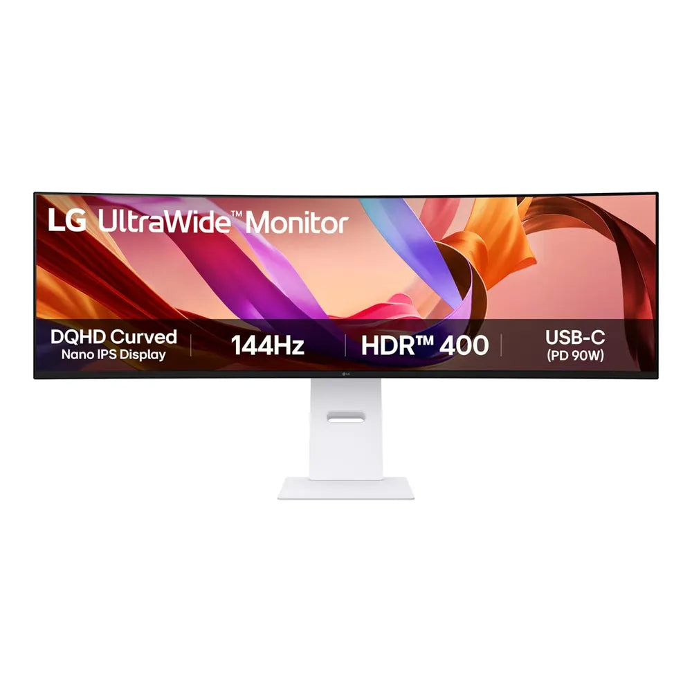 LG 49" 49U950-WAMA UltraWide Dual QHD Curved Monitor, Nano IPS Panel, 5120 x 1440 Resolution, 144Hz Refresh Rate, 5ms (GtG) Response Time, USB-C 90W PD & HDMI 2.1, Tilt/Height Adjustable Stand, White, 1 Year Warranty