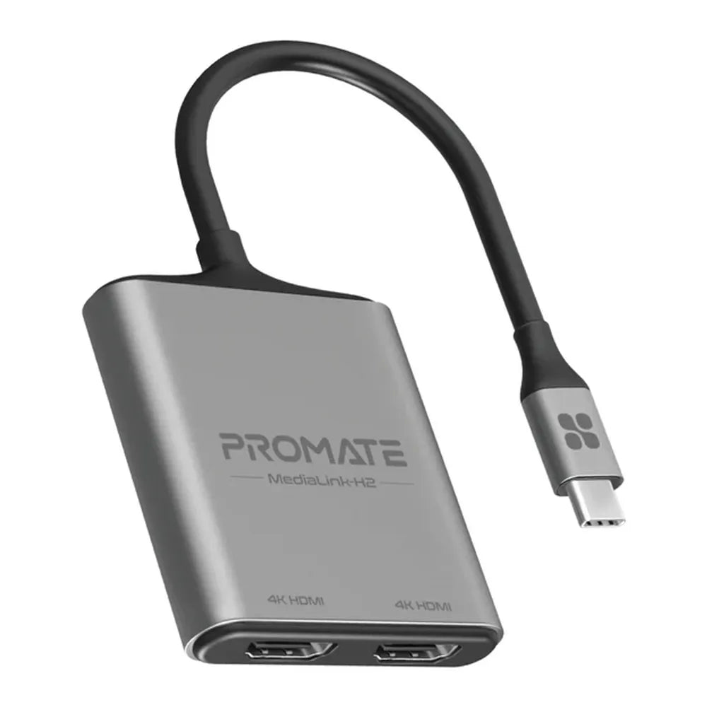 Promate MediaLink-H2 USB-C to Dual HDMI Adapter, 4K@30Hz Dual Port, 4K@60Hz Single Port, Plug & Play, Reversible Connector, Grey, 1 Year Warranty