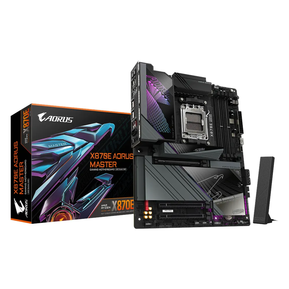 Gigabyte X870E AORUS MASTER Motherboard, Socket AM5, ATX Form Factor, DDR5 Ram, PCIe 5.0, Wi-Fi 7, Bluetooth v5.4, HDMI, Dual USB4 Type-C, Realtek 5Gb Ethernet, 1 Year Warranty