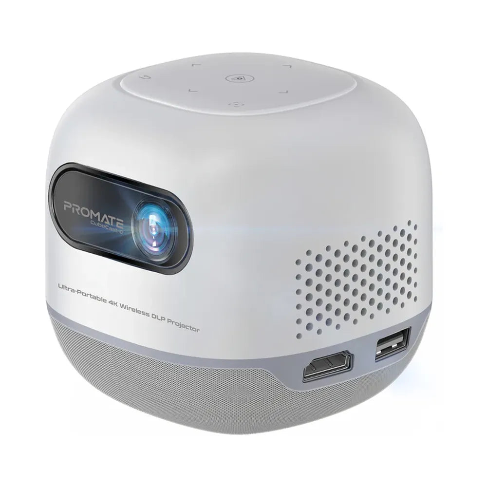Promate Cube-Cast-2 Ultra-Mini Portable 4K Projector, DLP Technology, 720p Native Resolution, 100 ANSI Lumens, Android 13.0, Wi-Fi & Bluetooth 5.4, Touch Controls, 1 Year Warranty