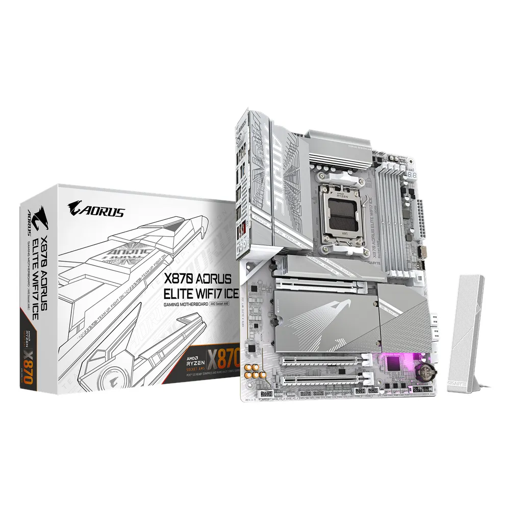 Gigabyte X870 AORUS ELITE WIFI7 ICE Motherboard, Socket AM5, ATX Form Factor, DDR5 Ram, PCIe 5.0, Wi-Fi 7, Bluetooth v5.4, HDMI, Dual USB4 Type-C, Realtek 2.5Gb Ethernet, 1 Year Warranty