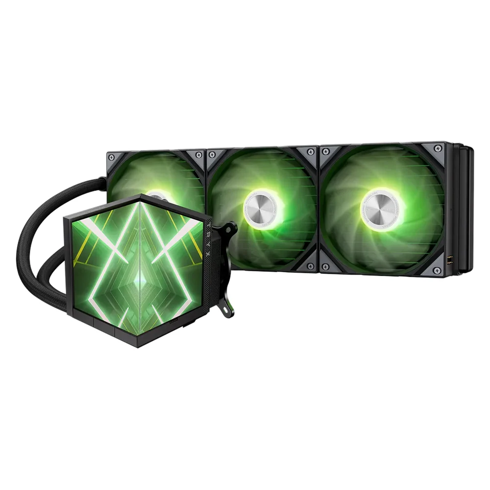Tryx Stage 360 ARGB CPU Liquid Cooler, Triple Fan 360mm Radiator, Dual 4" Customizable LCD Displays, Asetek 7th Gen V2, Black, 1 Year Warranty
