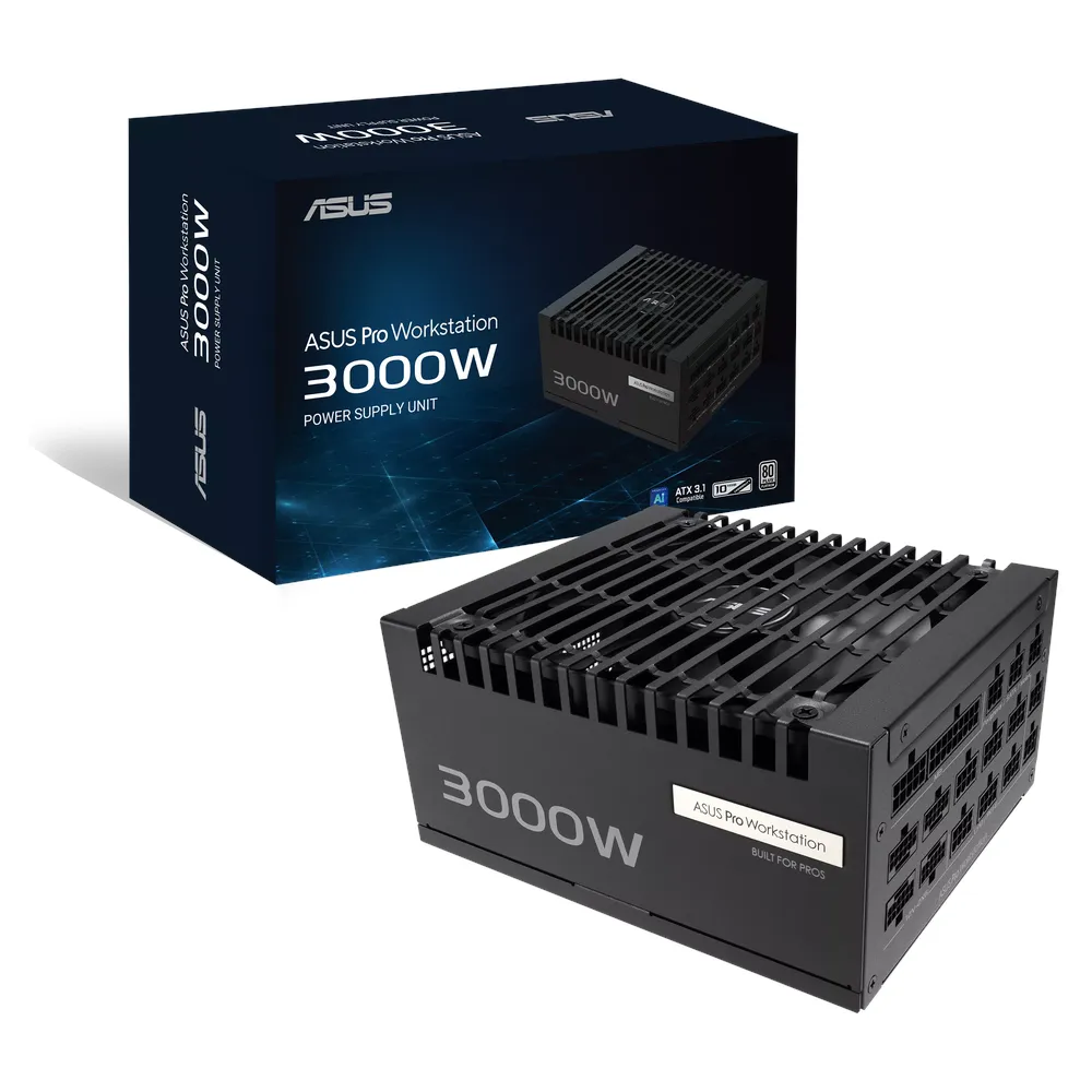 Asus Pro WS Platinum Gaming Power Supply, 3000W, Fully Modular, ATX Form Factor, Dual-Ball Fan Bearings Fan Design, Extruded Aluminum Heatsinks, Etched Cables, 1 Year Warranty