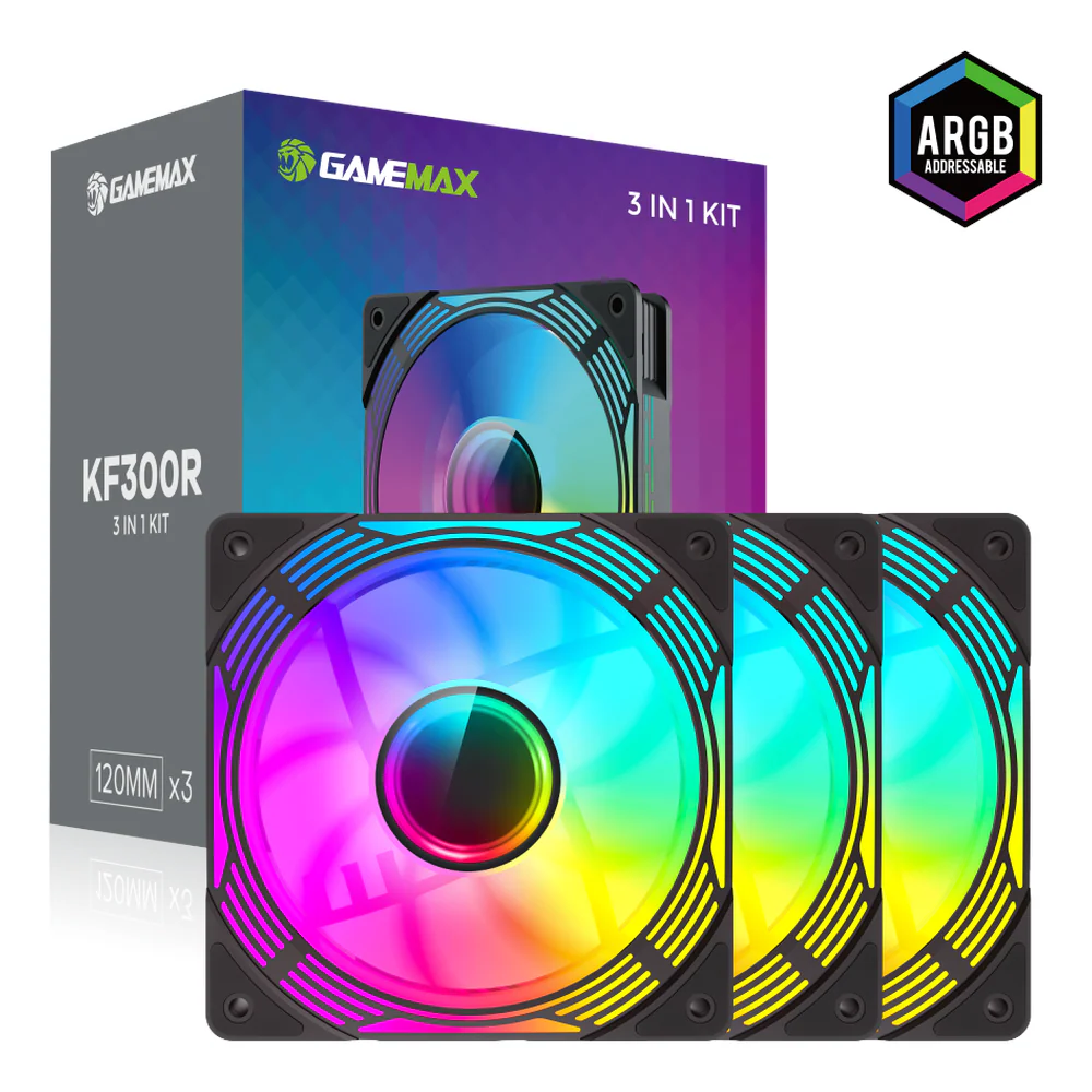 GameMax KF300R-BK ARGB Case Fans with ARGB Hub, Pack Of 3, 120mm Fan Size, 800-1600 RPM Fan Speed, Reverse Blade Design, 44.35 CFM Airflow, Black, 1 Year Warranty
