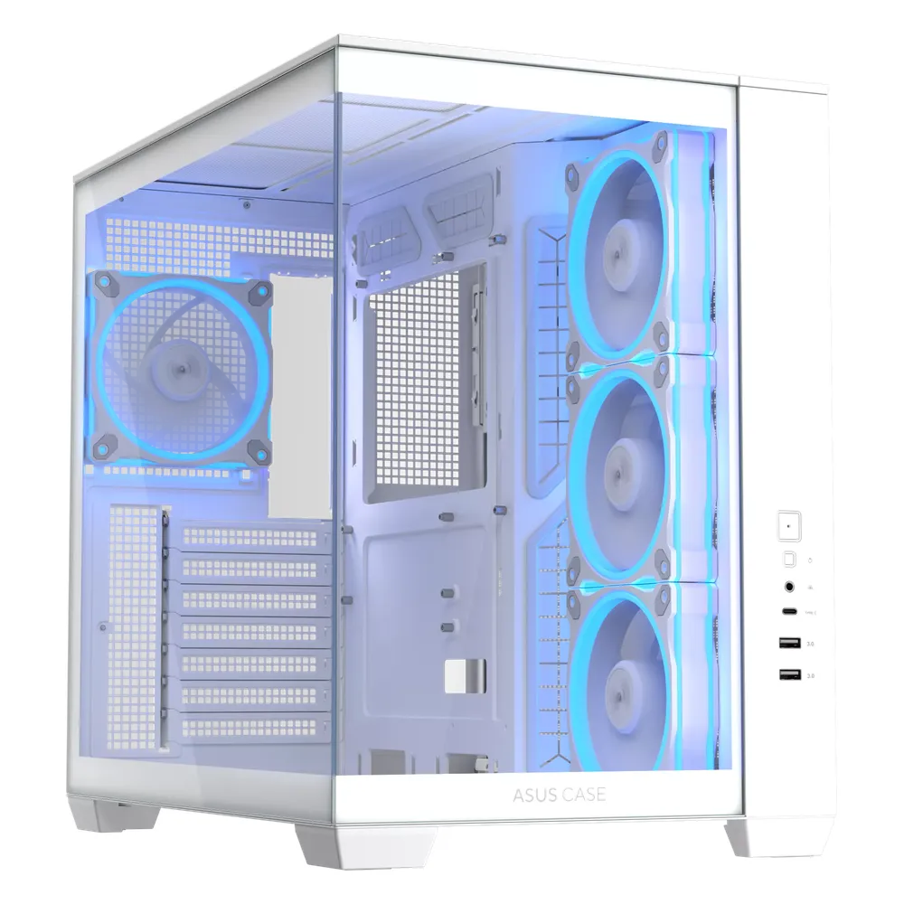 ASUS A32 PLUS ARGB Panoramic Mid-Tower PC Case, Dual-Chamber Design, 270° Pillarless Tempered Glass, 4 x Pre-installed ASUS Prime MR120 ARGB Fans, 420mm GPU Support, 10Gbps USB Type-C, White, 1 Year Warranty
