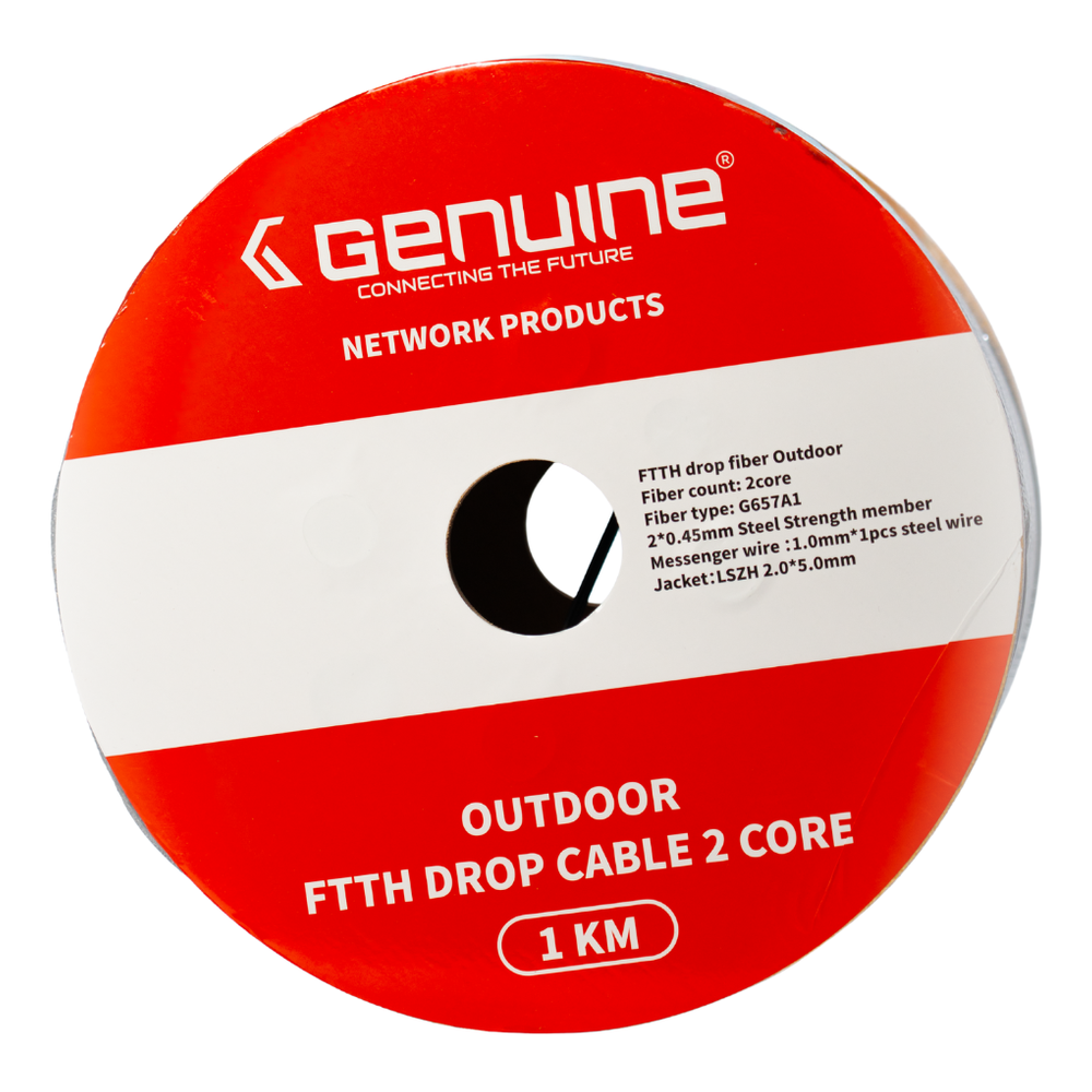 Genuine FTTH Outdoor Fiber Optic Cable, 2-Core Fiber, 1000M Length, LSZH Jacket, Steel Strength Member, 1 Year Warranty