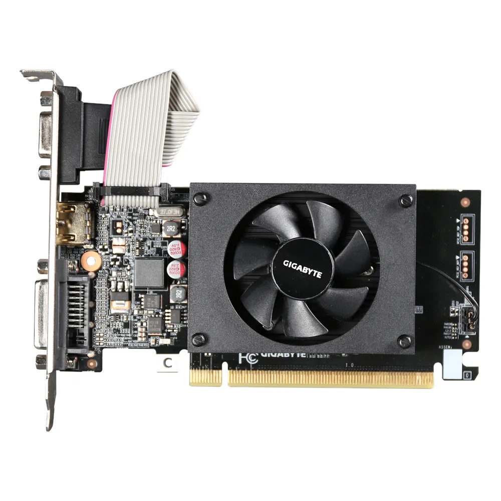 Gigabyte GeForce GT 710 Graphics Card, DDR3 2GB 64-bit Memory, HDMI 2.1b, DVI, D-Sub Outputs, PCI Express 2.0, 954 MHz Boost Clock, 1600 MHz Memory Clock, 1 Year Warranty