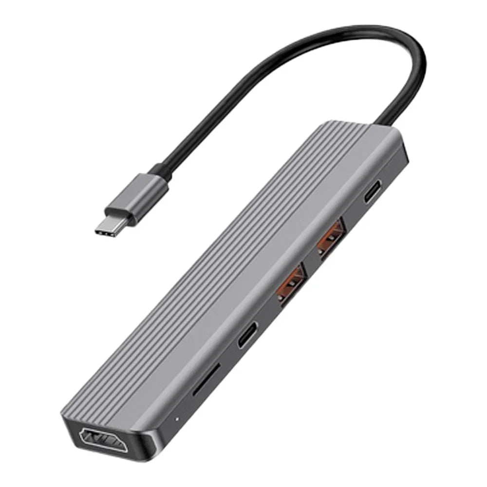 Powerology 6-in-1 USB-C Hub, 100W Power Delivery, 4K Display Support, HDMI, USB-C 3.2, USB-A 3.2, MicroSD Card Slot, Aluminum, Black, 1 Year Warranty