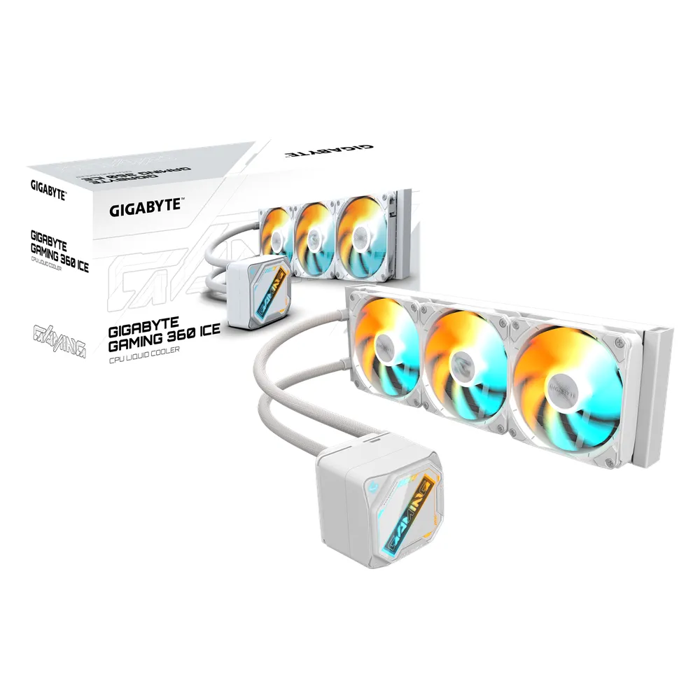 Gigabyte Gaming 360 ICE AIO Liquid Cooler, 360 mm Radiator, ARGB Magnetic Pump Cap, Replaceable Light Panel, Copper Block, Supports Intel, AMD Sockets, 3 x 120mm ARGB Fans, White, 1 Year Warranty