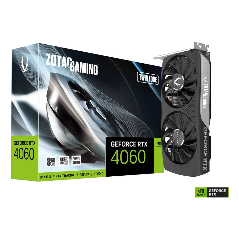 Zotac Gaming Twin Edge GeForce RTX 4060 Graphics Card, GDDR6 8GB 128-bit Memory, DisplayPort 1.4a, HDMI Outputs, PCI Express 4.0, IceStorm 2.0 Cooling System, 242 AI TOPS, 1 Year Warranty