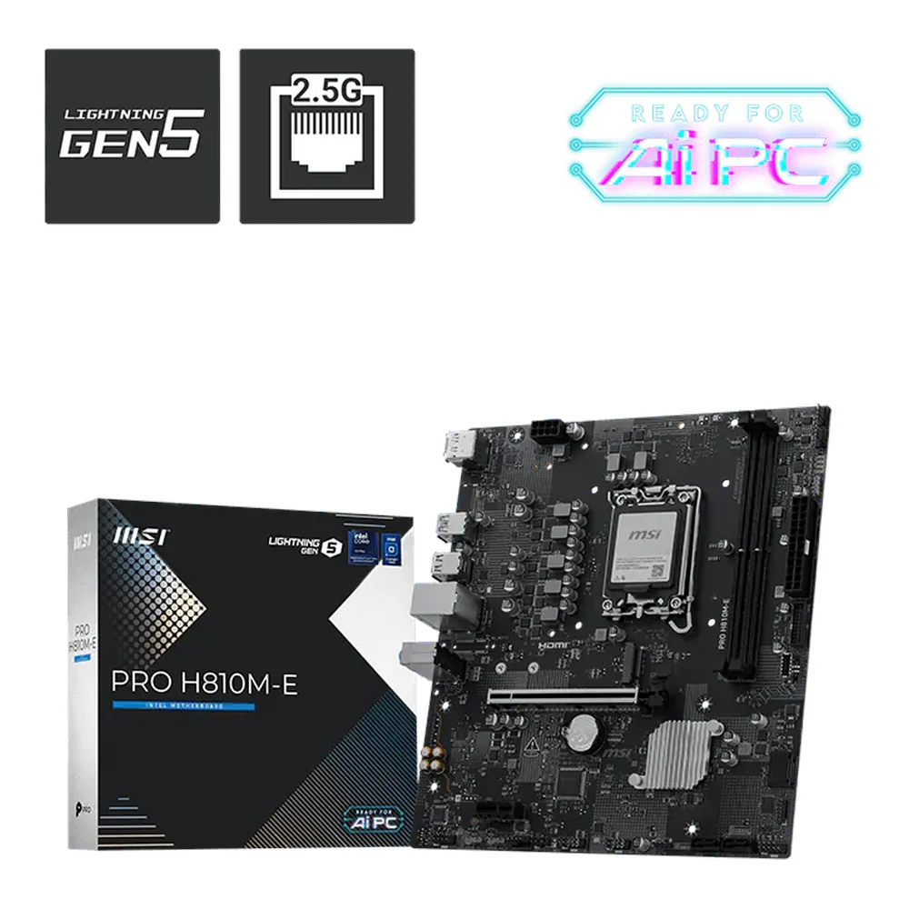 MSI PRO H810M-E Motherboard, LGA1851 Socket, mATX Form Factor, DDR5 Ram, PCIe 5.0, HDMI, DisplayPort, Realtek 2.5Gb Ethernet, 1 Year Warranty