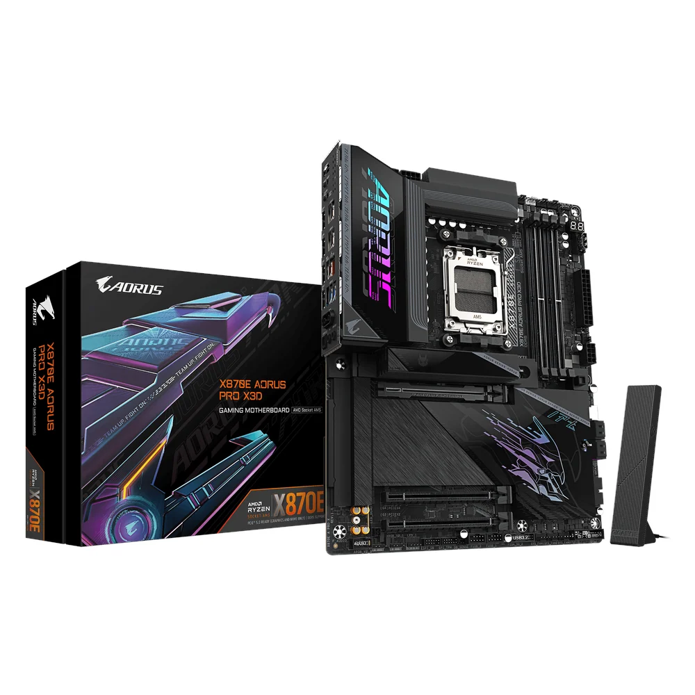 Gigabyte X870E AORUS PRO X3D Motherboard, Socket AM5, ATX Form Factor, DDR5 Ram, PCIe 5.0, Wi-Fi 7, Bluetooth v5.4, HDMI, Dual USB4 Type-C, Realtek 5Gb Ethernet, 1 Year Warranty