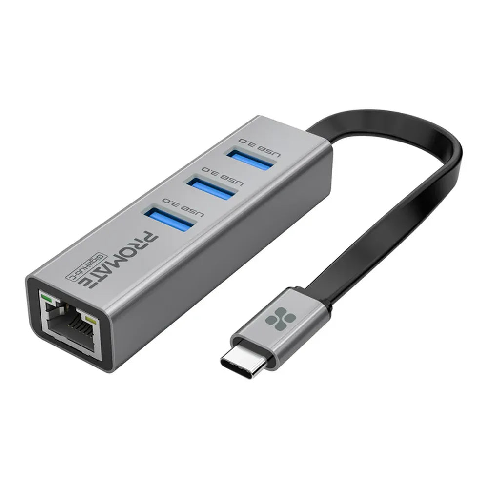 Promate GigaHub-C 4-in-1 USB-C Hub, Ethernet, USB-A 3.0, 5Gbps Transfer Rate, Compact Design, Grey, 1 Year Warranty