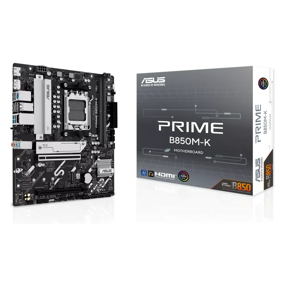 Asus PRIME B850M-K Motherboard, AM5 Socket, mATX Form Factor, DDR5, PCIe 5.0, HDMI, DisplayPort, Realtek 2.5Gb Ethernet, LANGuard, Aura Sync, 1 Year Warranty