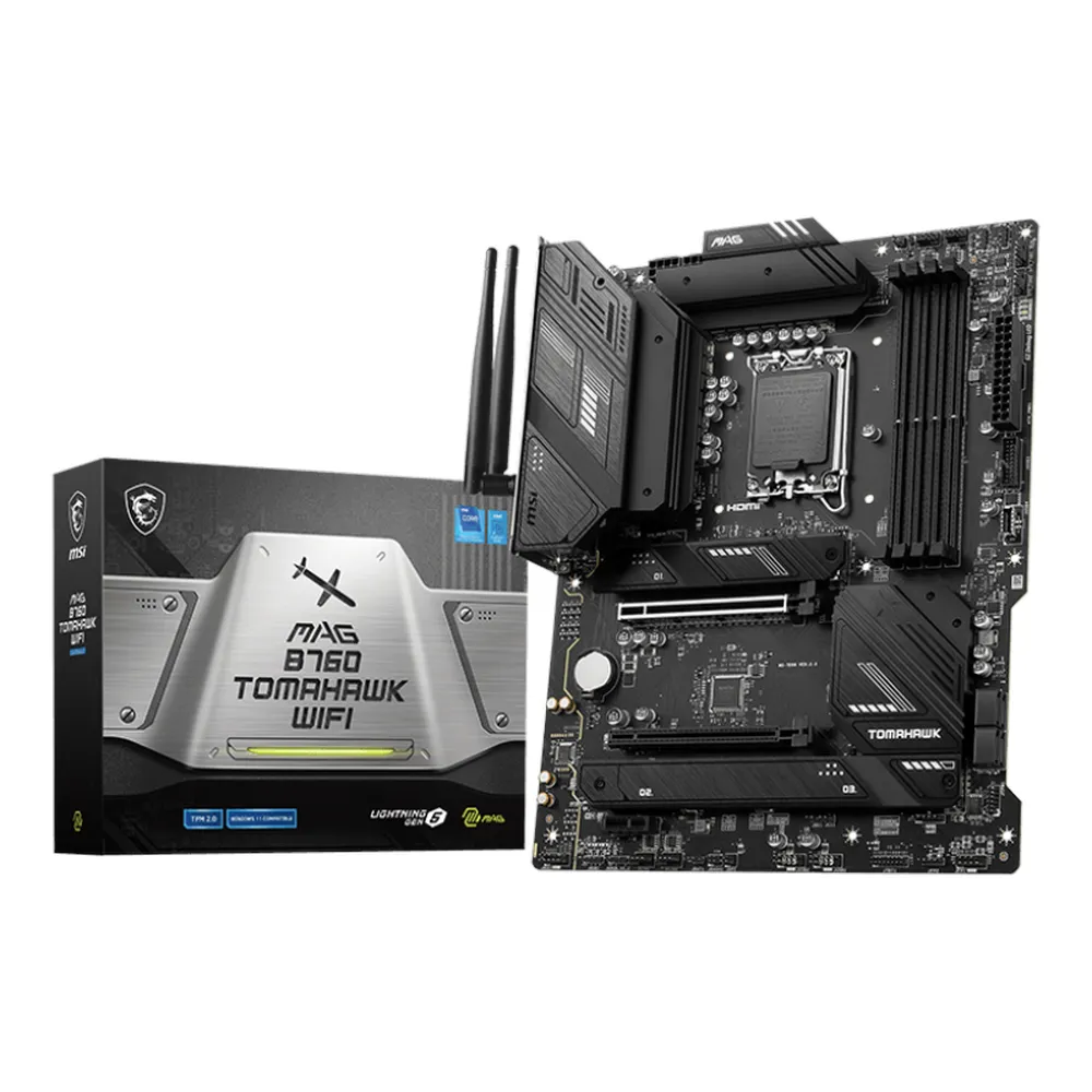 MSI MAG B760 Tomahawk WIFI Gaming Motherboard, LGA1700 Socket, ATX Form Factor, DDR5 Ram, PCIe 5.0, USB 20Gbps, HDMI, DP, Wi-Fi 6E, Bluetooth, Realtek 2.5Gb Ethernet, M.2 Shield Frozr, Heavy Plated VRM Heatsink, 1 Year Warranty