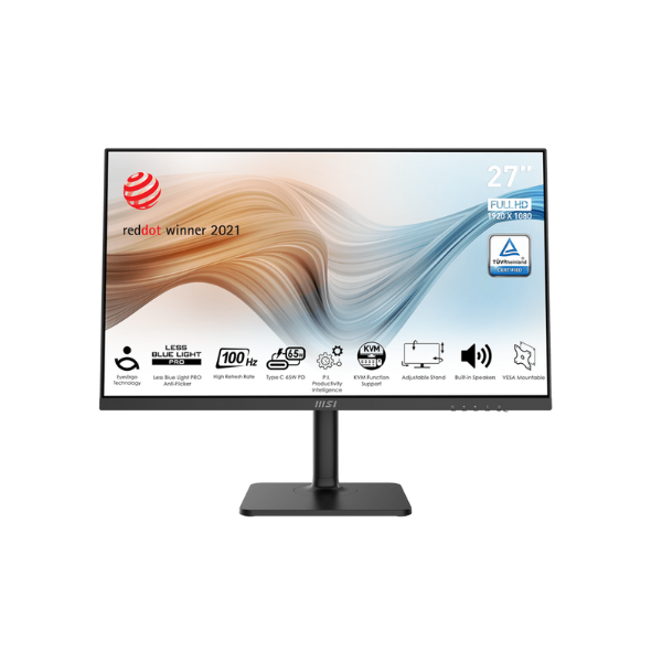 MSI 9S6-3PB19H-077 Modern MD272XP 27" FHD(1920 x 1080) Monitor, 1MS, 100Hz, Anti-glare, HDMI, DP, USB-C, Pivot/Tilt/Swivel/Height, Adjustable, 1 Year warranty