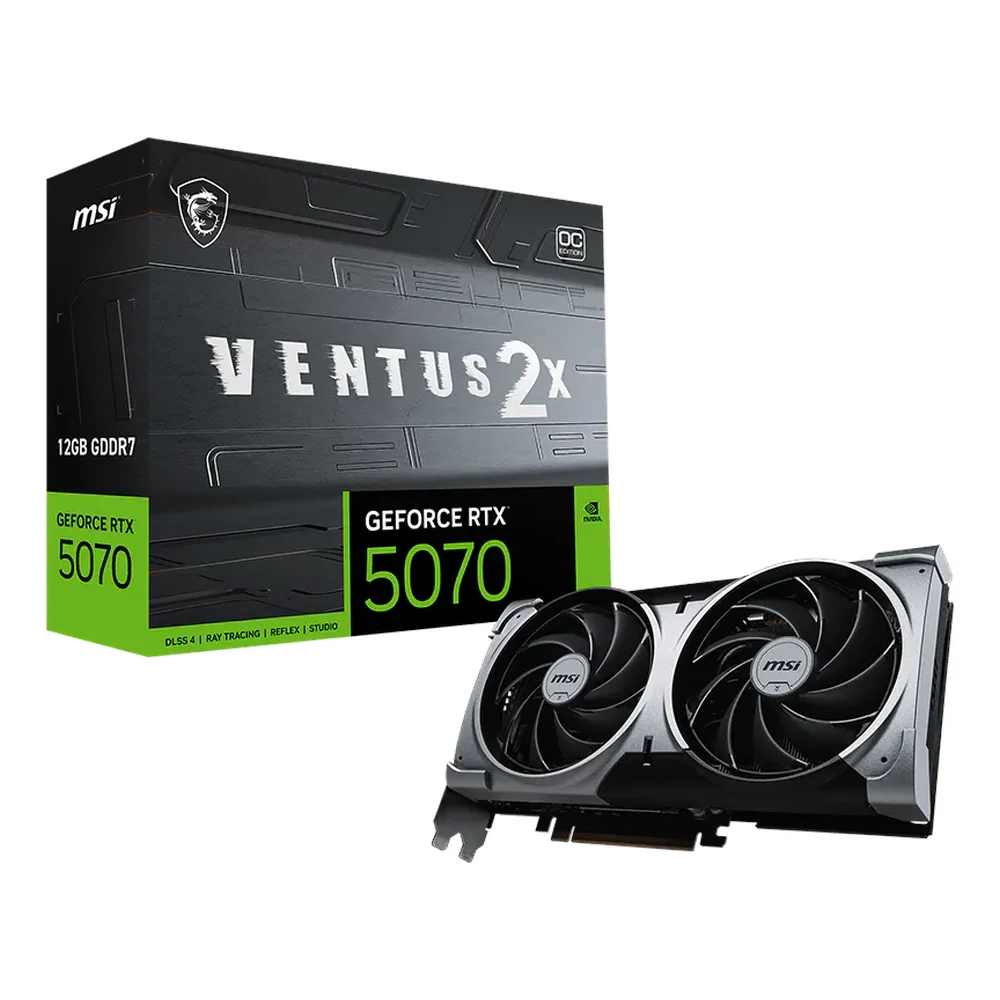 MSI GeForce RTX 5070 VENTUS 2X OC Graphics Card, GDDR7 12GB 192-bit Memory, HDMI & DP Outputs, PCI Express 5.0, 2557 MHz Engine Clock, 28 Gbps Memory Clock, 1 Year Warranty