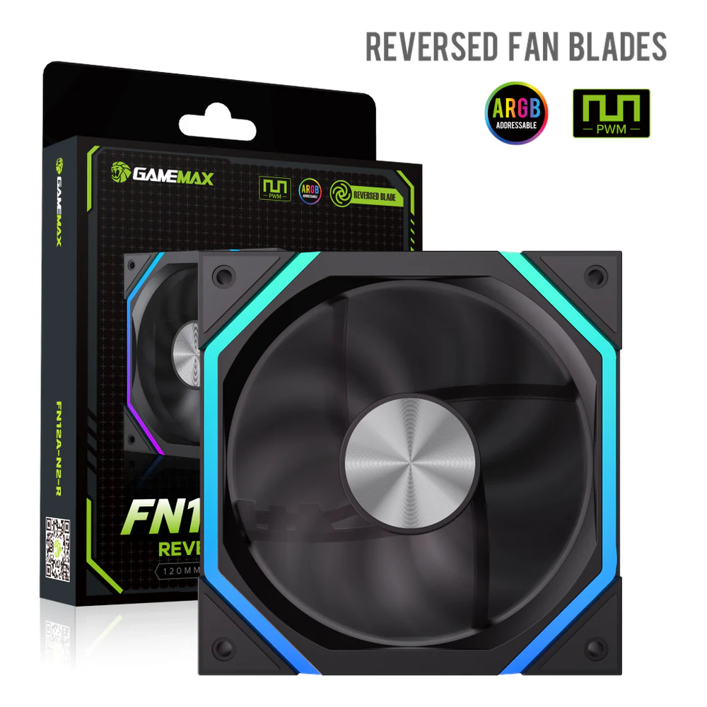 GameMax FN12A-N2-R ARGB Case Fan, Single Pack, 120mm Fan Size, 2000 RPM Fan Speed, Reverse Blade Design, 53.87 CFM Airflow, Black, 1 Year Warranty