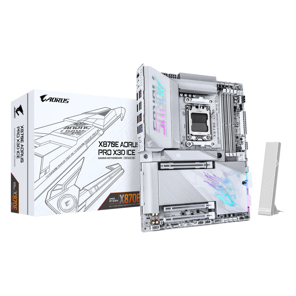 Gigabyte X870E AORUS PRO X3D ICE WHITE Motherboard, Socket AM5, ATX Form Factor, DDR5 Ram, PCIe 5.0, Wi-Fi 7, Bluetooth v5.4, HDMI, Dual USB4 Type-C, Realtek 5Gb Ethernet, White, 1 Year Warranty